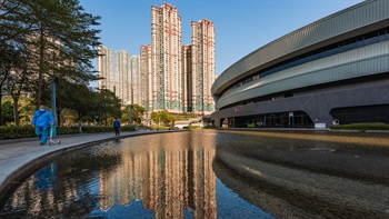 The Artificial Lake at the frontyard mirrors the clear and blue sky onto the ground.